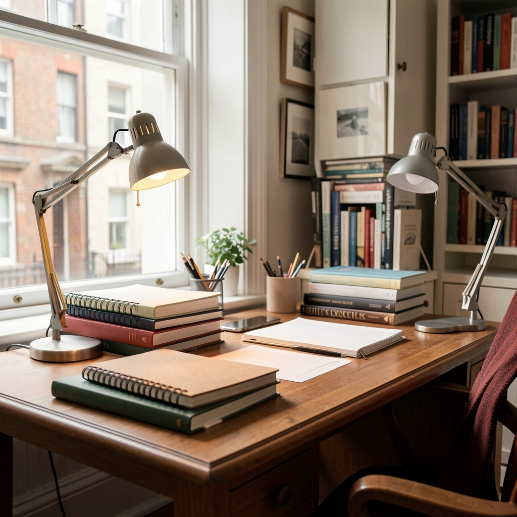 Editorial workspace with stacked notebooks, a reading lamp, and daylight from a large window — quiet London office environment
