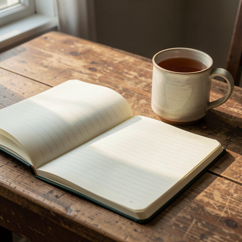 Worn wooden table surface with an open notebook, a ceramic mug of tea, and morning light falling across lined pages — quiet domestic workspace